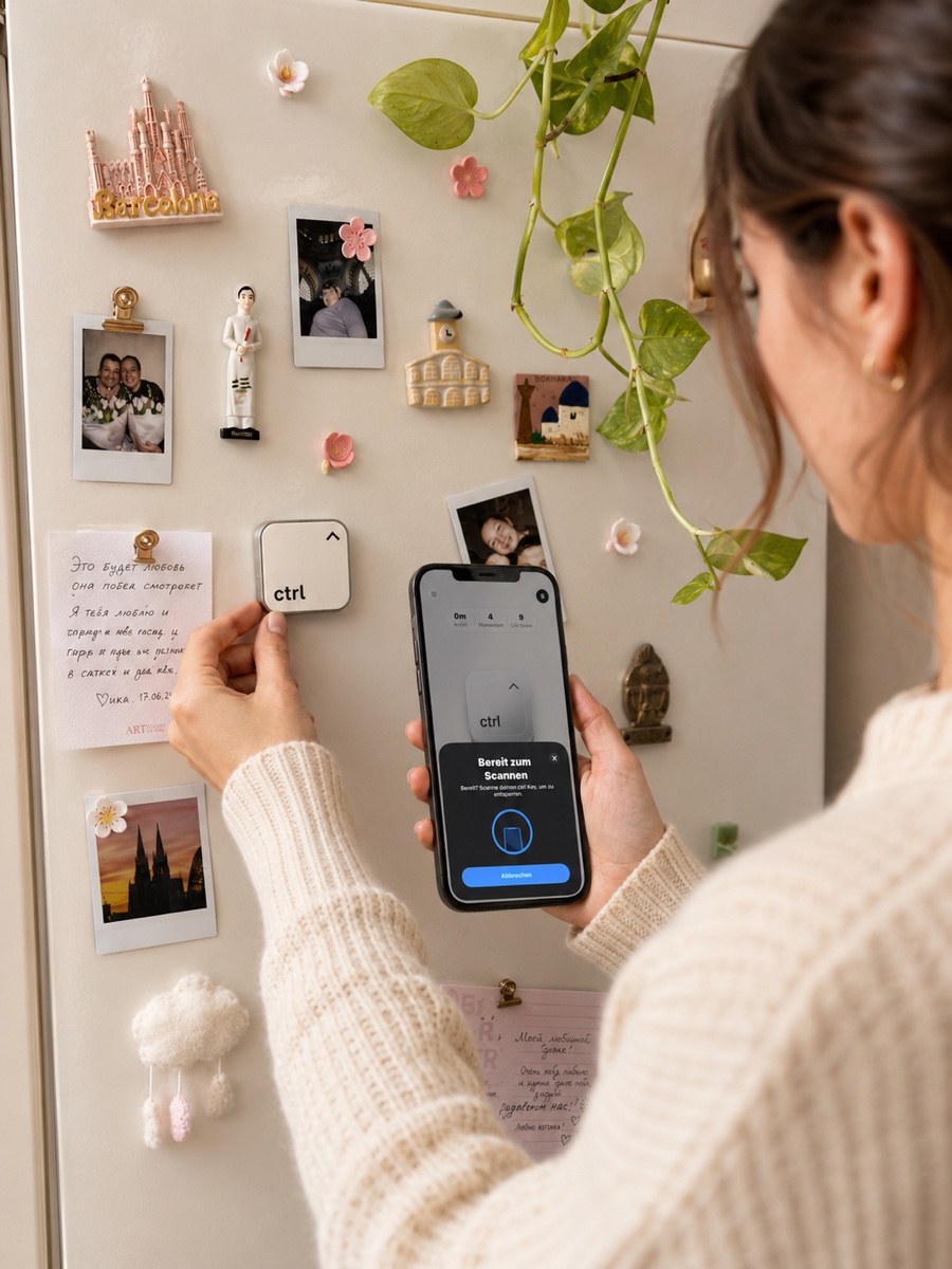 Der ctrl key haftet am K&uuml;hlschrank, eine Hand scannt ihn mit dem iPhone