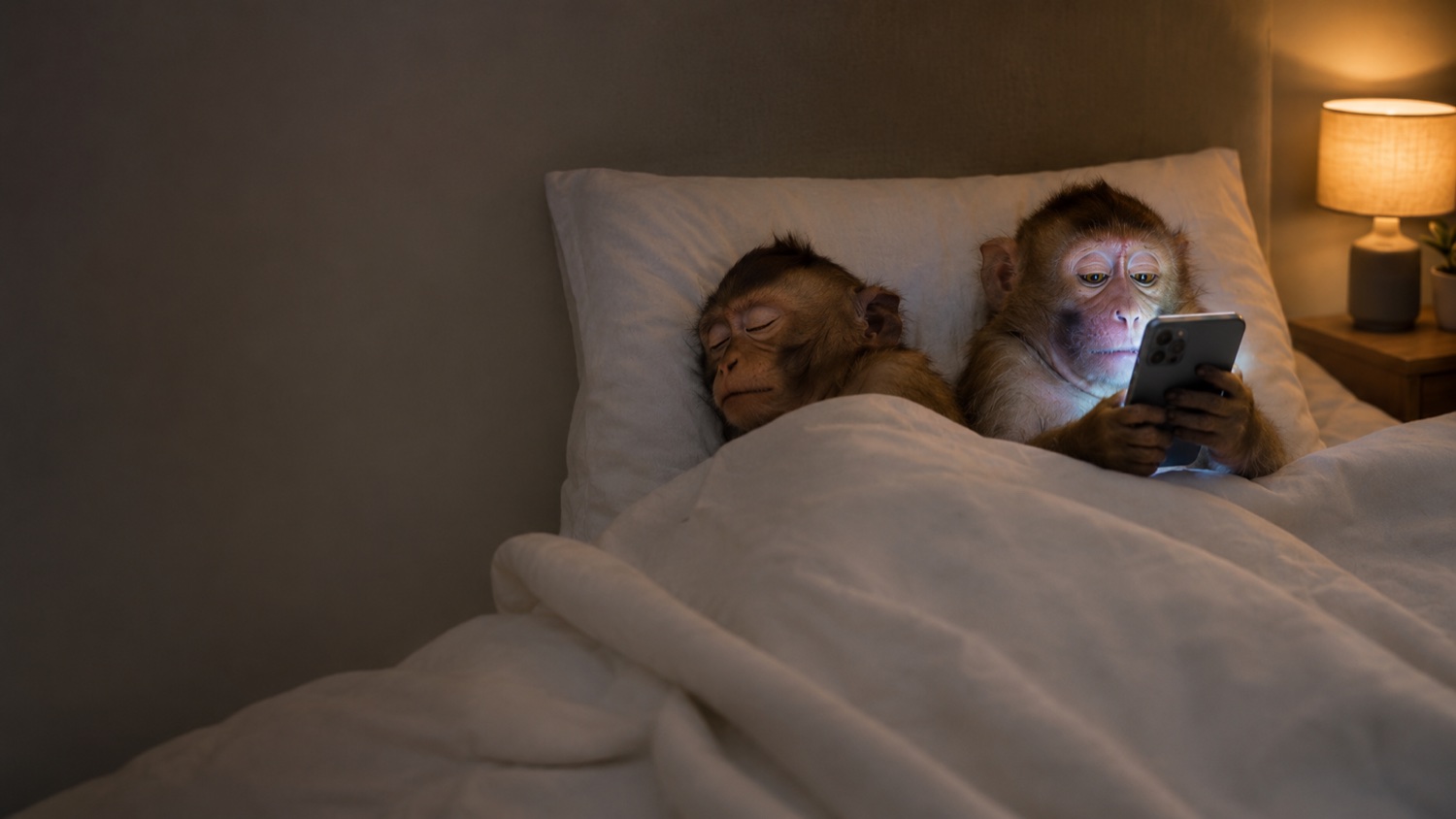 Zwei Affen im Bett, einer schl&auml;ft l&auml;ngst, der andere scrollt noch am Handy